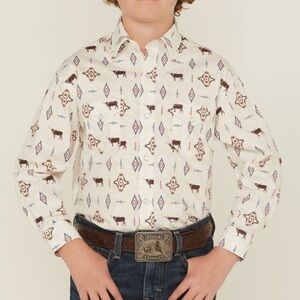 Panhandle Slim Steer Print Long Sleeve Snap Western Shirt L 14 or Med 10 NWT